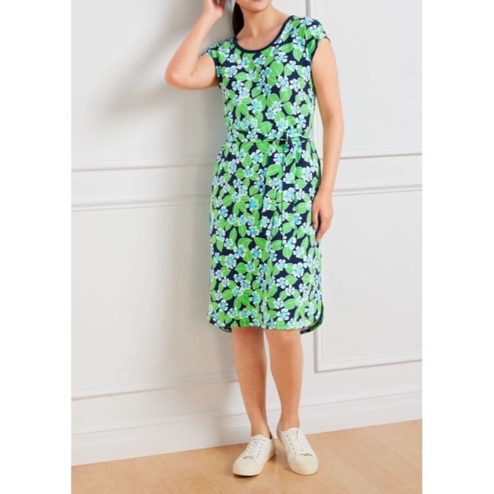 NWT Talbots Dress Sz XLPetite Floral Fields Open Back Green Blue 50+ UPF Outdoor
